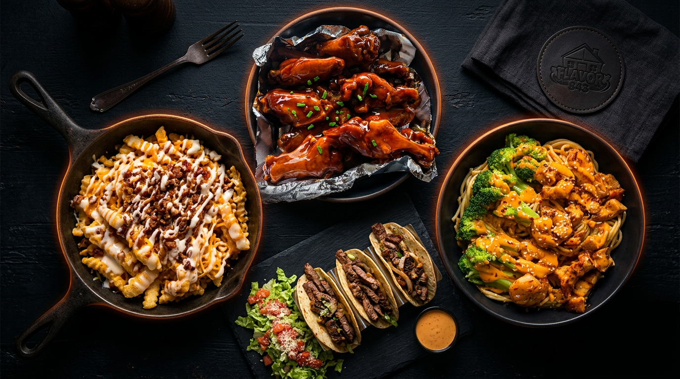 House of Flavor 843 signature spread of wings, shrimp, fries and burger